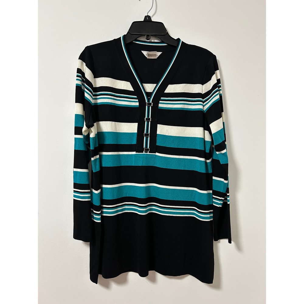 misook Striped V Neck Tunic Top Long Sleeve Black Teal‎ White Women's L